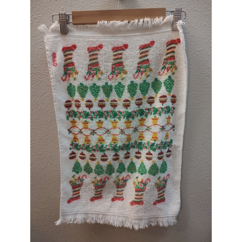 VTG Barth Dreyfuss Christmas Hand Towel Fringed Holiday Towel 1980s Made in USA